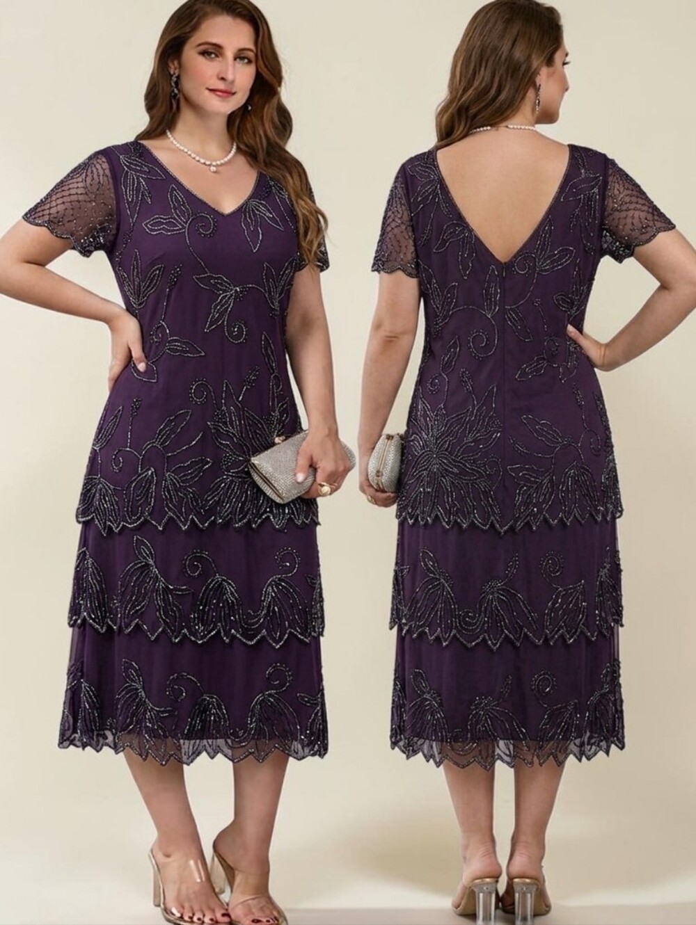 J KARA Purple Beaded Tiered Formal Midi Dress - Size 14W
